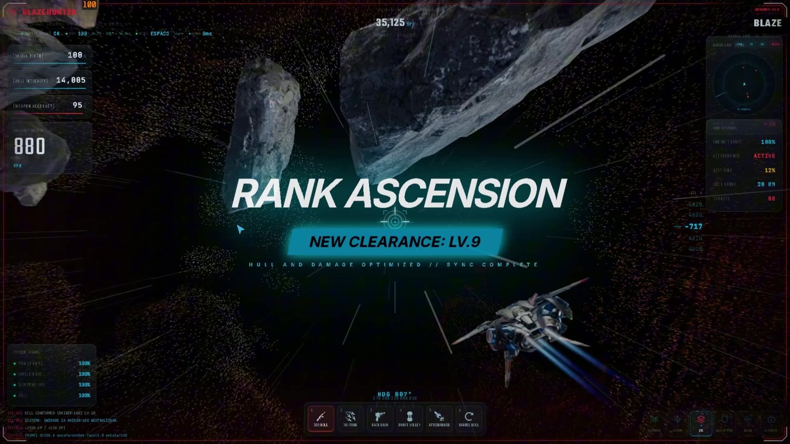 Cena de combate do Alpha do BlazeHunter, com nave e asteroides